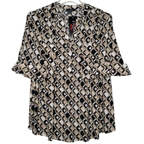 Cocomo Women's Plus Size 2X Black & Beige Multi Pintuck 3/4 Sleeve Blouse Top - Picture 1 of 7